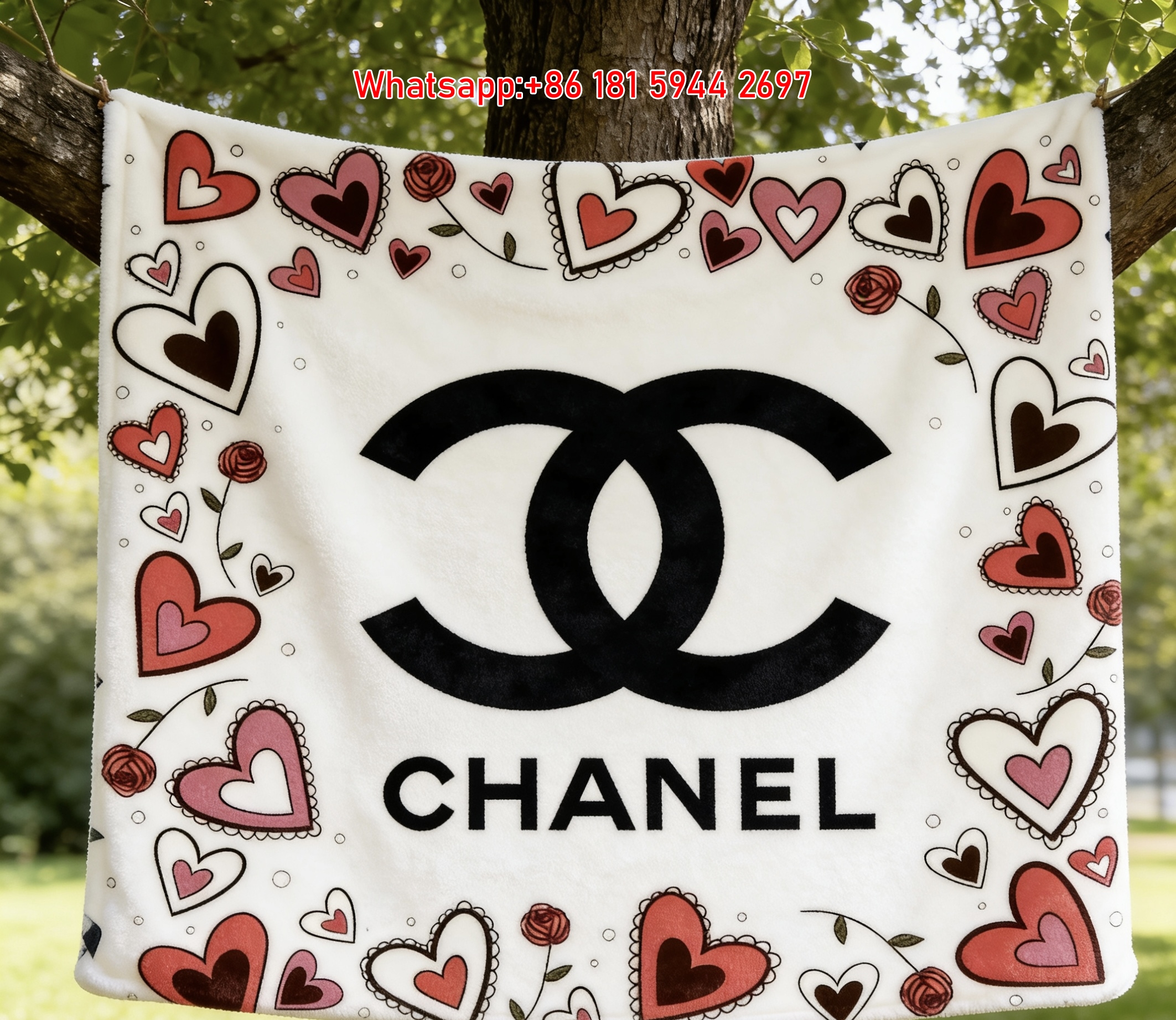 Chanel Heart & Rose Print Flannel Sofa Throw Blanket IMG_7034
